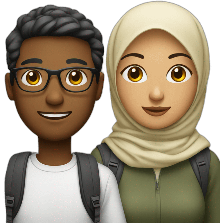 young man with glasses and woman with hijab, both with backpack for holiday trip emoji