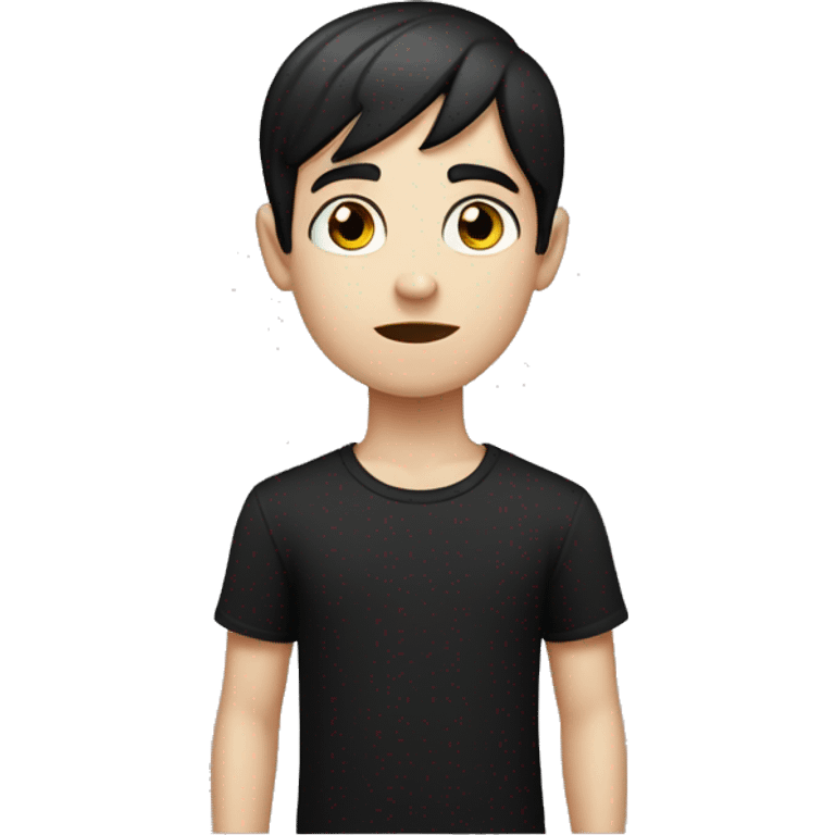 an emoji of a pale skinned boy with short straight black hair and open ears, with black eyes, wearing a basic black t-shirt, serious expression emoji