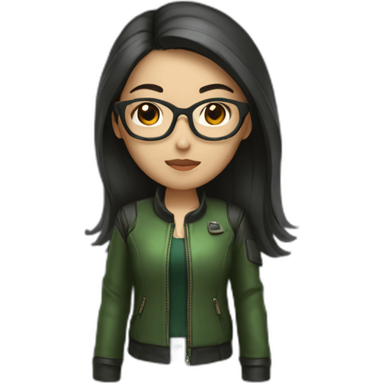 asian girl with glasses and a leather jacket with a green shirt and long dark hair emoji