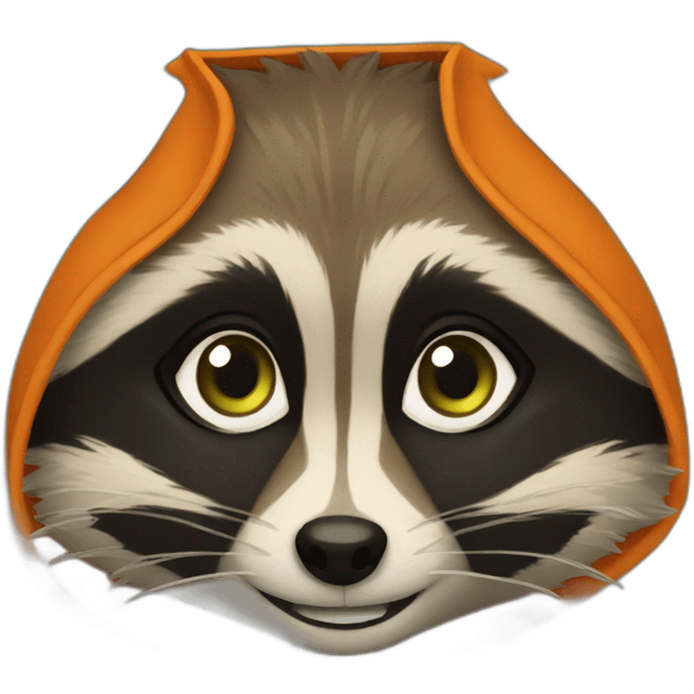 brown raccoon with orange eyes and a dark green hood that is smiling emoji