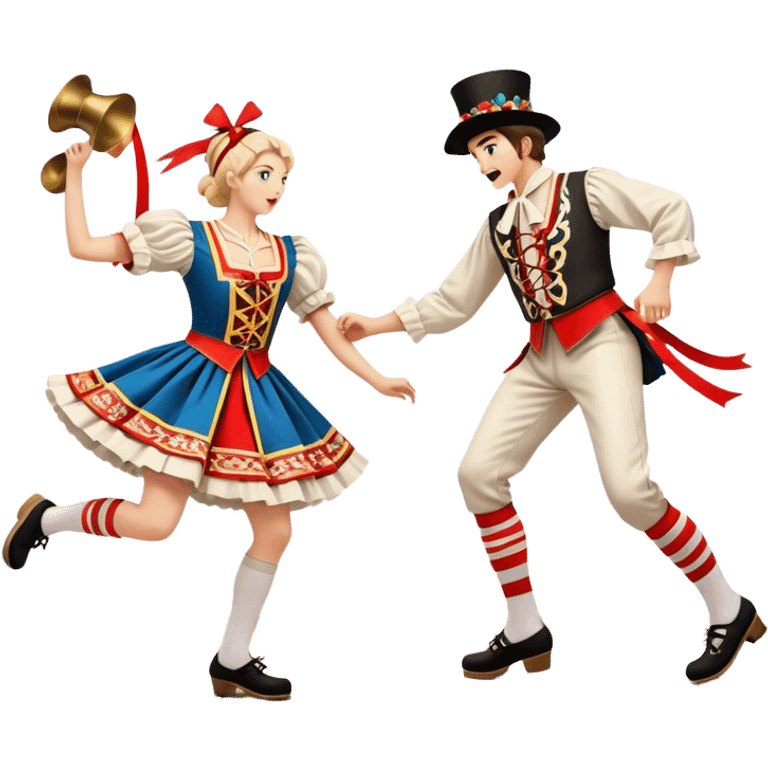 Cinematic Realistic scene of two performers executing a Morris Dance in full traditional costume—with bells, ribbons, and clogs—captured in dynamic motion against a rustic English backdrop and warm, golden lighting emoji