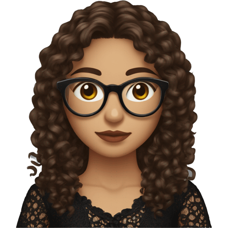 Hispanic woman with long chocolate brown curly hair,cateye black glasses, brown eyes, holding a ball of yarn with a needle in it, wearing a black lace shirt emoji