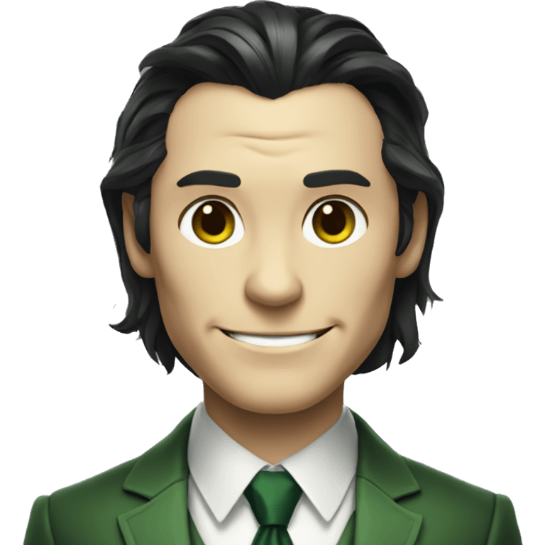 marvel's loki dressed in a grey suit and green tie with evil smile emoji