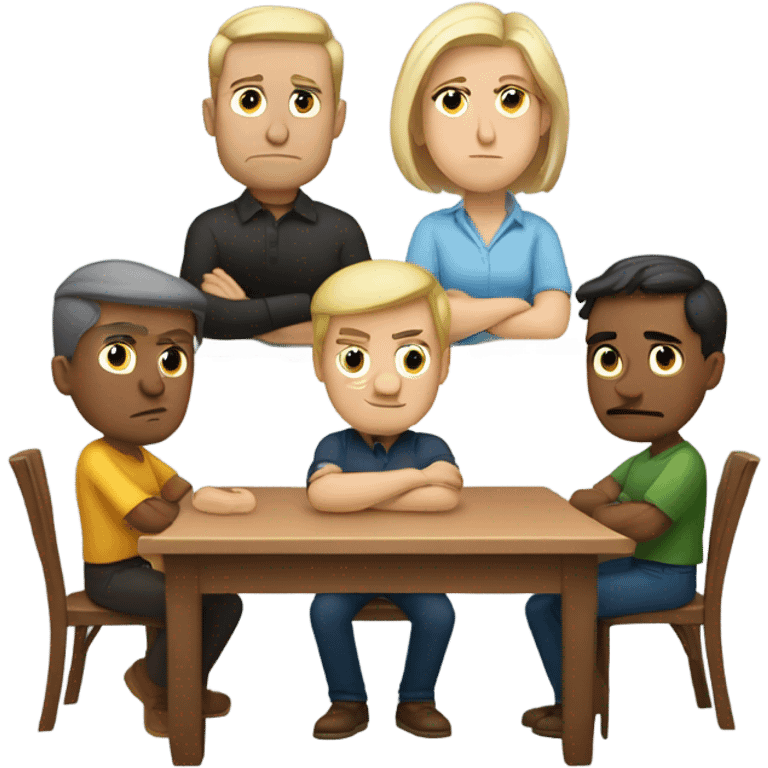 6 Caucasian people sitting around a table looking unhappy emoji