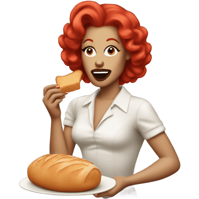 White drag queen eating bread with red hair emoji