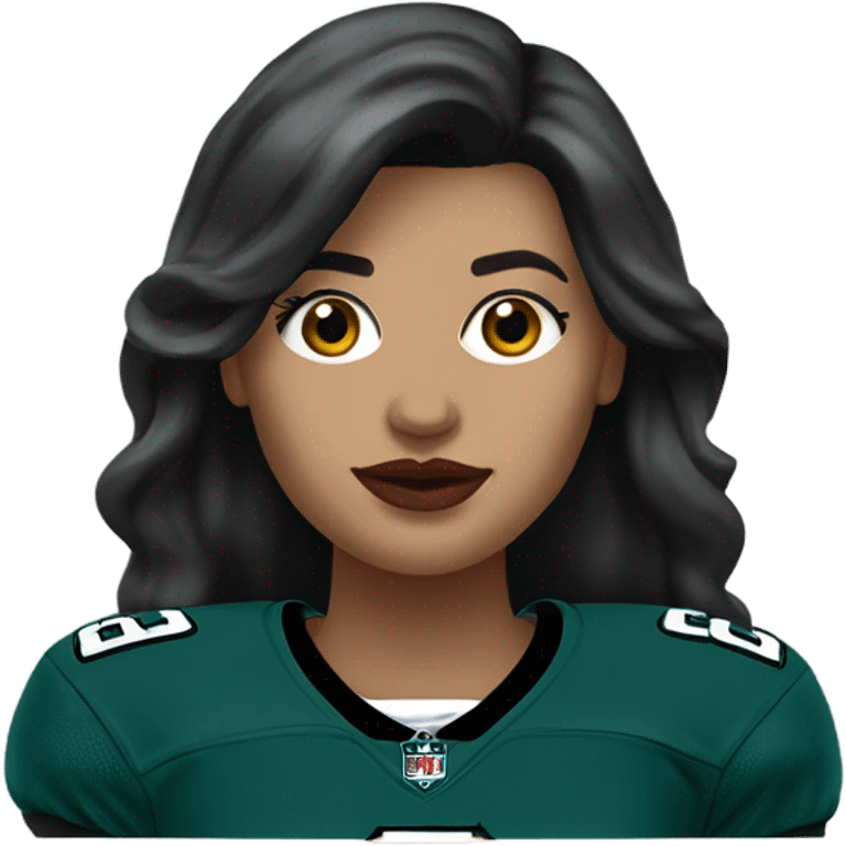 White female long dark hair red lips wearing Philadelphia Eagles jersey emoji