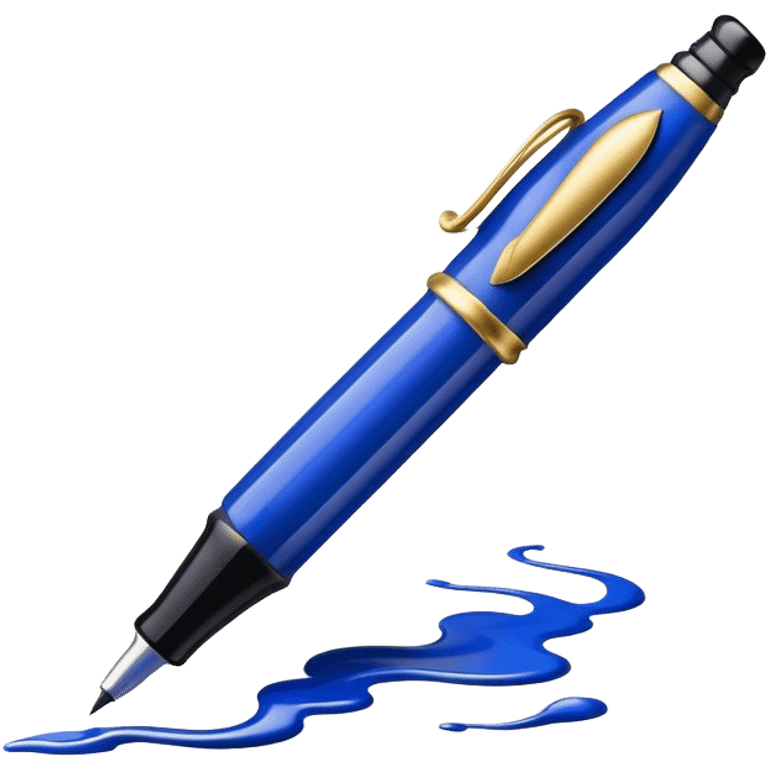 Create a vibrant emoji featuring a classic ink pen (fountain pen) as the main symbol of prose writing. The design should highlight the elegant curves of the pen, with ink flowing from the nib onto a blank page or scroll. Use deep ink blue, black, and subtle metallic accents to convey sophistication and creativity. The emoji should be simple yet striking, representing the art of storytelling. Make the background transparent. emoji