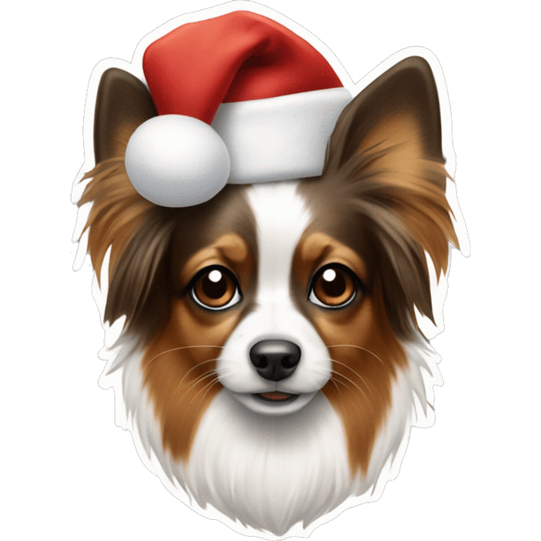 Papillon dog in black, white and brown wearing santa hat emoji