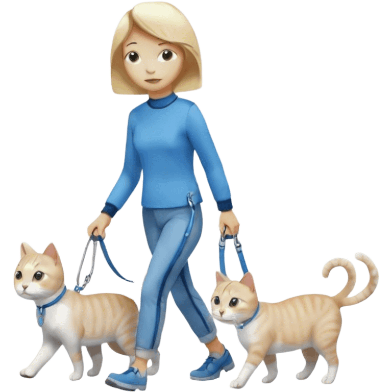 blonde short-haired woman walking a gray and white cat on a blue leash emoji