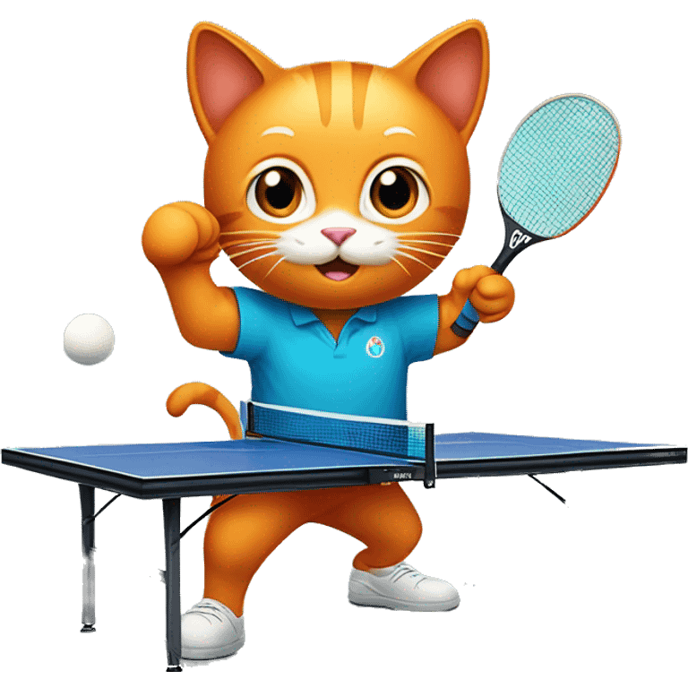 orange cat full body  playing table tennis with a racket and a ball at the table emoji