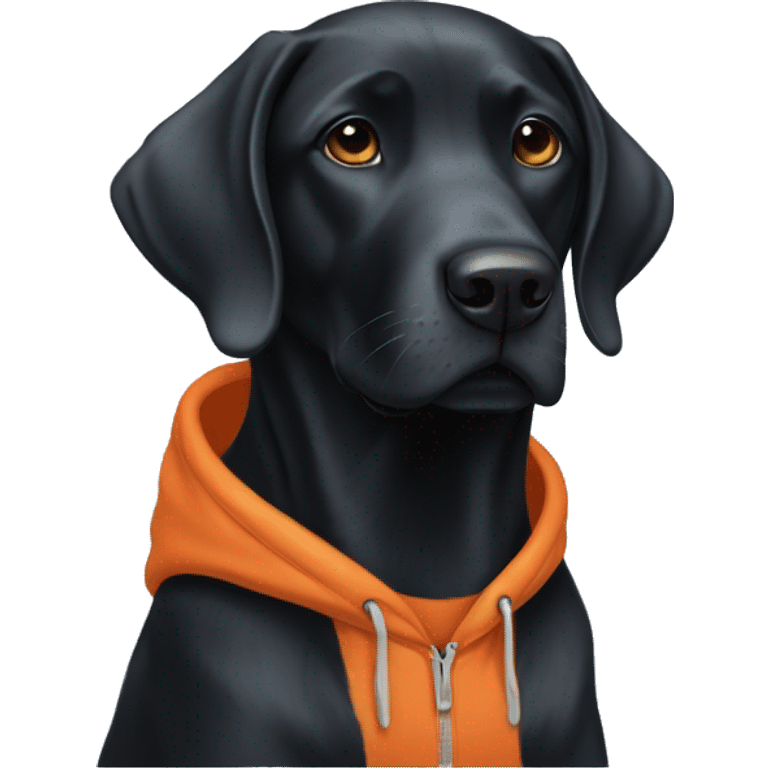 Black lab wearing a orange and blue hoodie  emoji