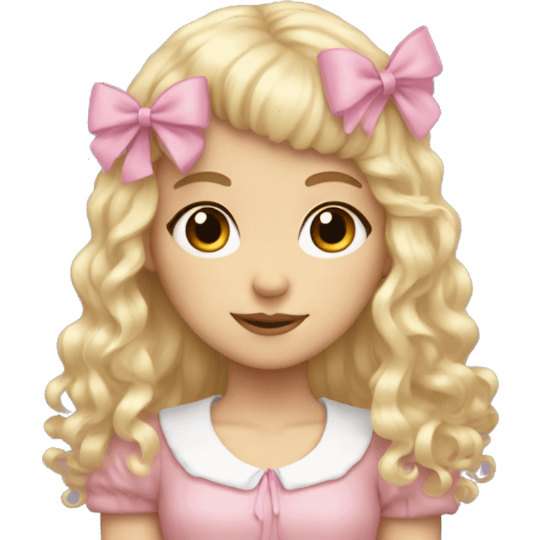 Blonde, pale girl with bangs and curly, long hair with pink bows  emoji