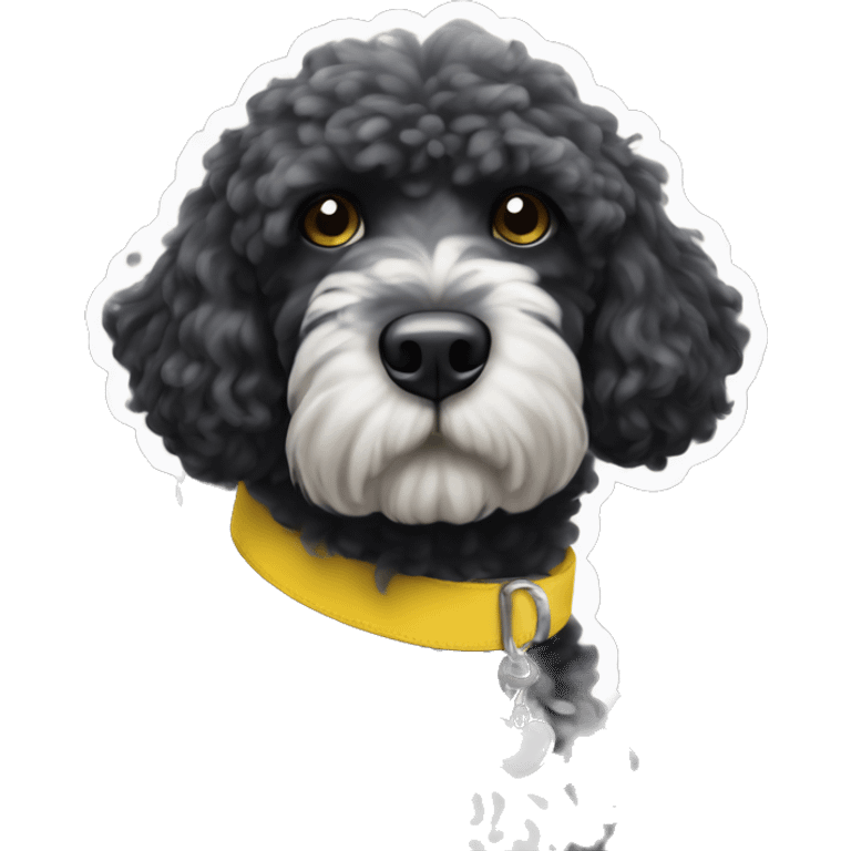 Black portugese water dog with white beard and yellow collar emoji