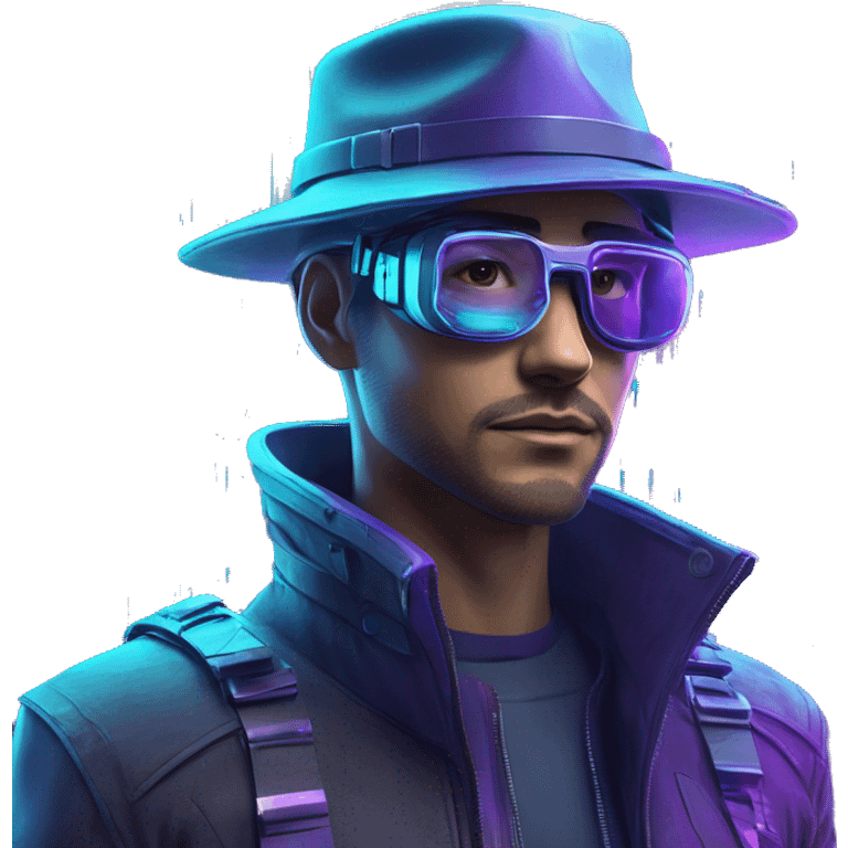 Secret human agent in a hat with  cyberpunk elements in VR googles scanning looking reviewing multicolor lines of code, cyan and purple colors, only upper body portrait emoji