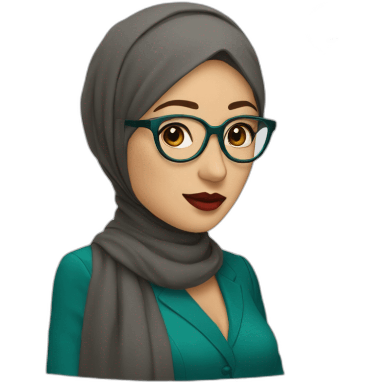 Hijabi white woman with glasses and brown eyes wearing a teal suit red lipstick emoji