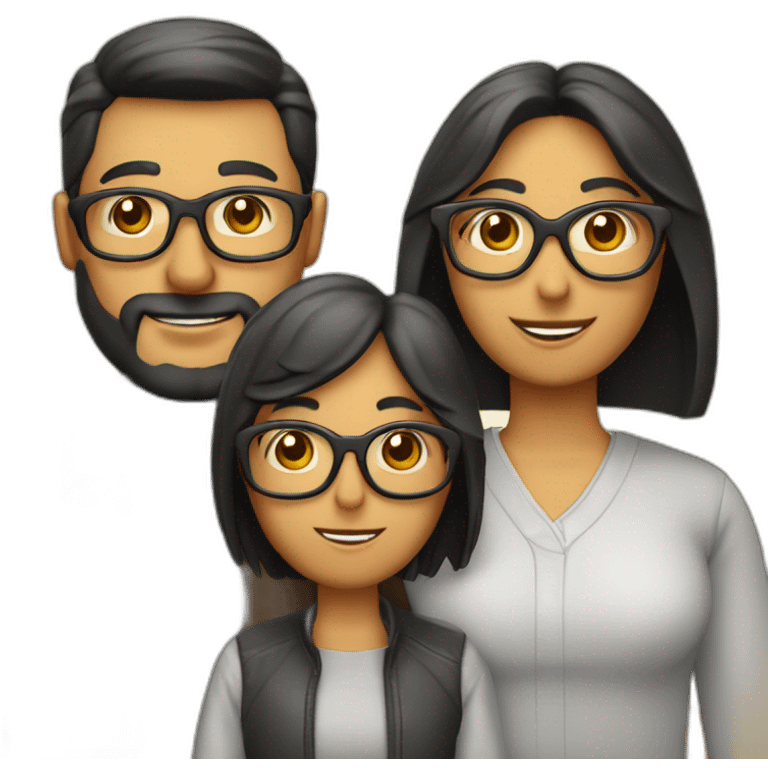 Familia 4 personas papá moreno con tupé gafas y barba mamá con corte bob emoji