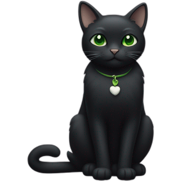 A black cat with green eyes with a white mustache, with a thin white stripe on the nose on the right side, with a full-length white breast and white paws emoji