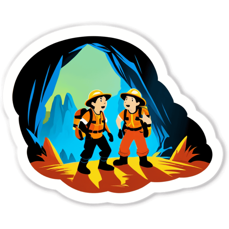 Two Cave explorers, one is scared, but one is confident  emoji