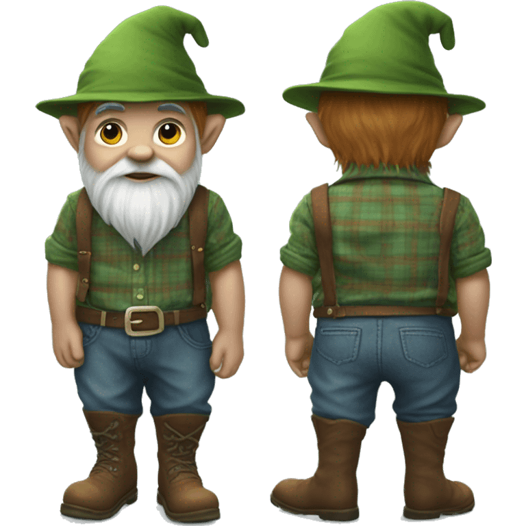 
Full-length gnome, young, with a blue woolen hat, brown boots and a green plaid shirt. The body should be cartoonish and not realistic. emoji