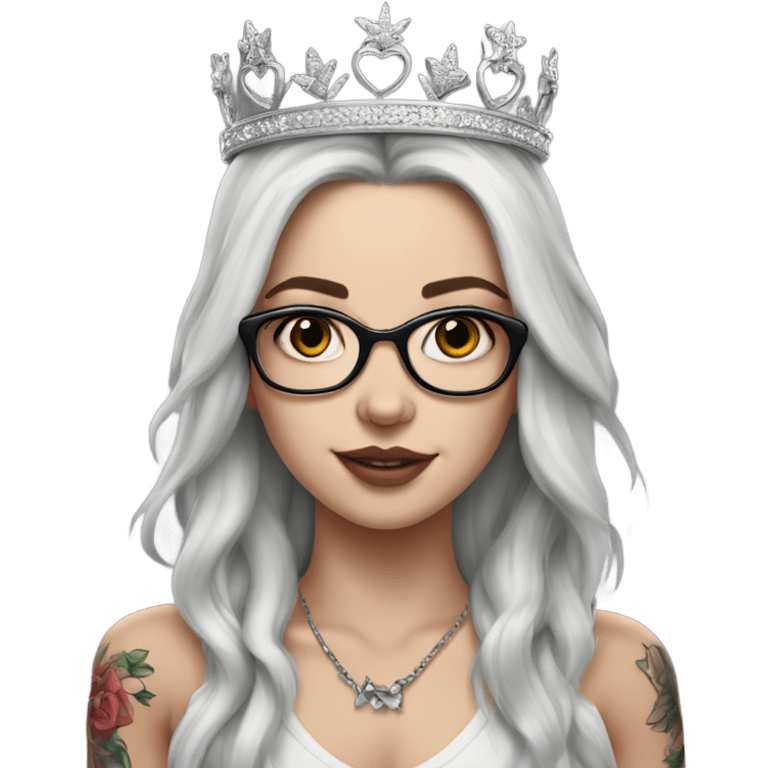 Hyperrealistic beautiful white girl, wearing a crown and glasses with tattoos, with long black hair  emoji