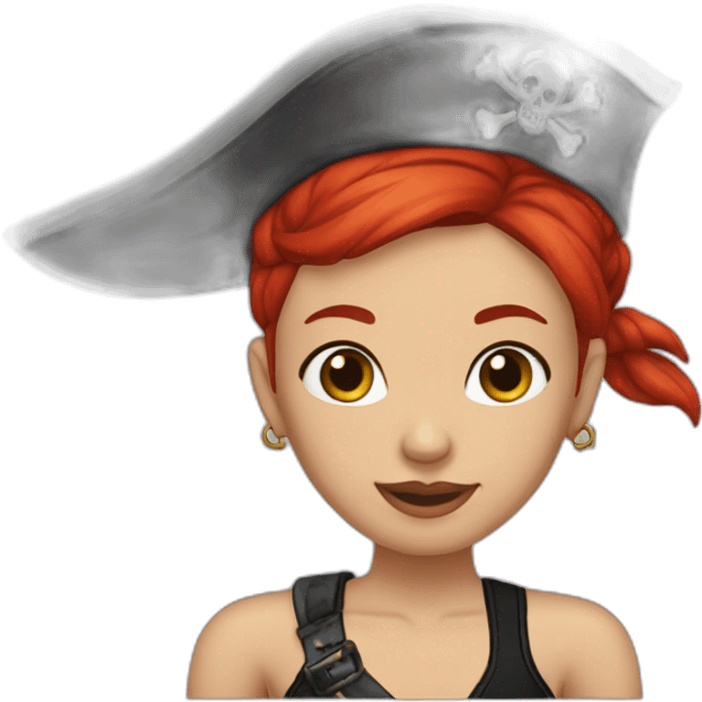 Woman red hair, left side of head is shaved, tattoo on left side of head, pirate hat, skull and crossbones t shirt emoji