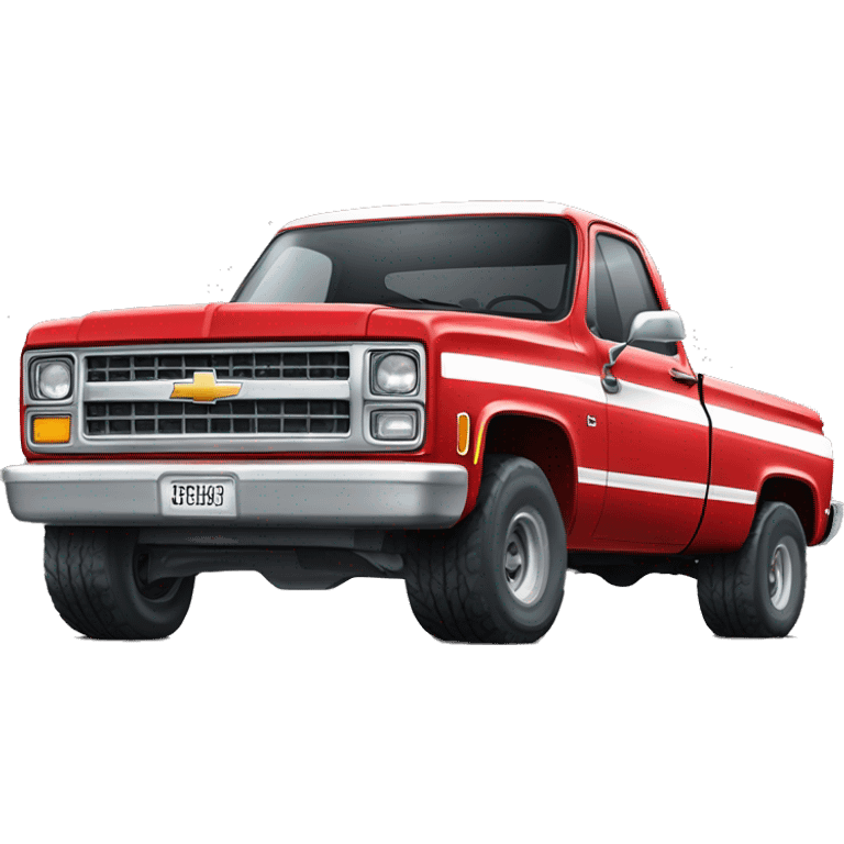 old red square body Chevrolet truck with a white stripe and monster truck wheels and lift emoji