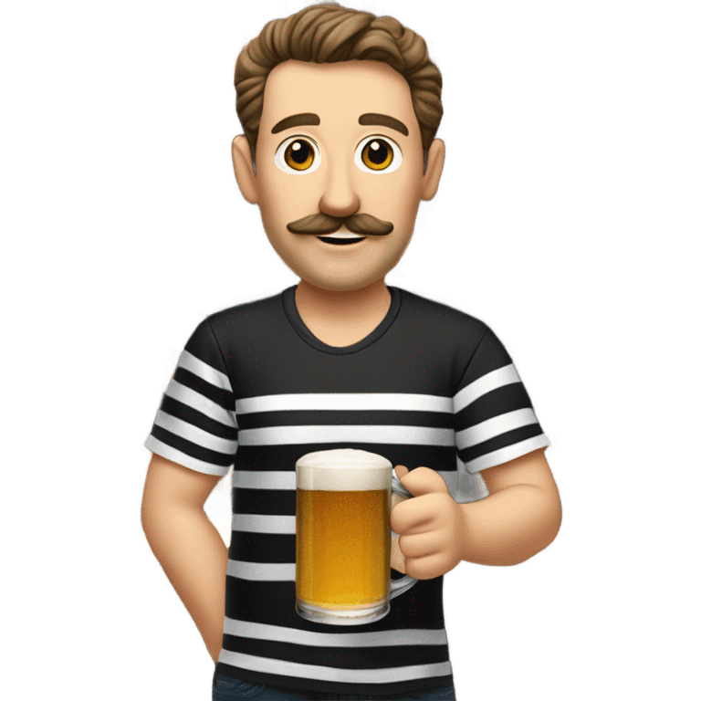 A northern man with a moustache with short mulletish curly brown hair wearing black and white stripe t shirt behind a bar serving a crisp pint of tribute emoji