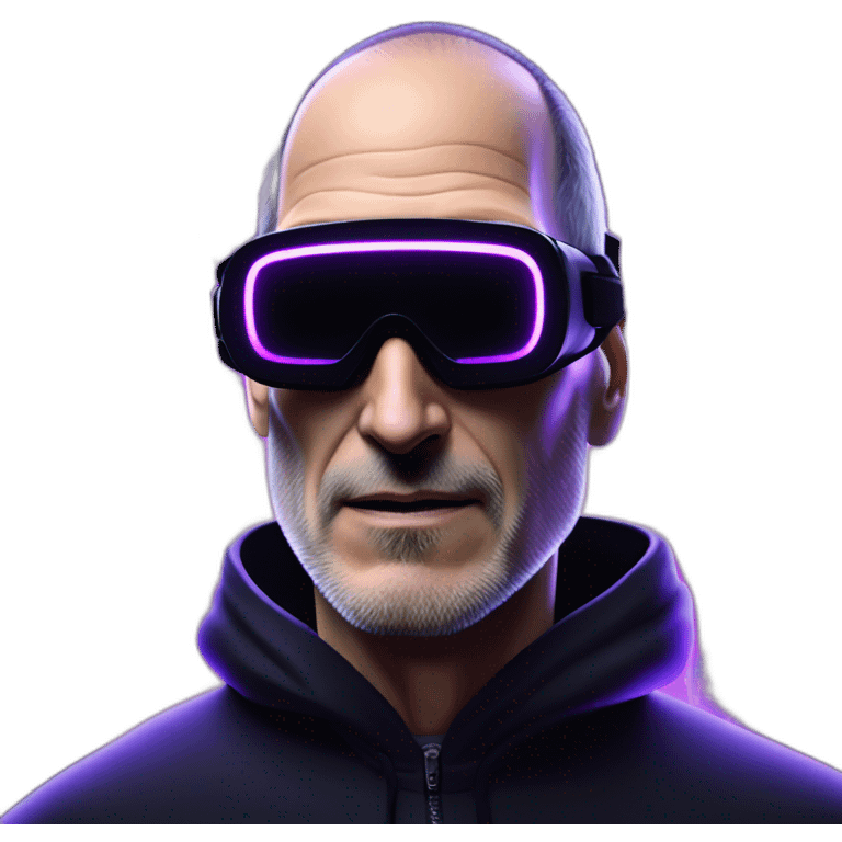 Steve Jobs wearing a black hoodie with "OMG" letters on it and VR headset in a cyberpunk VR environment with violet neon lighting. emoji