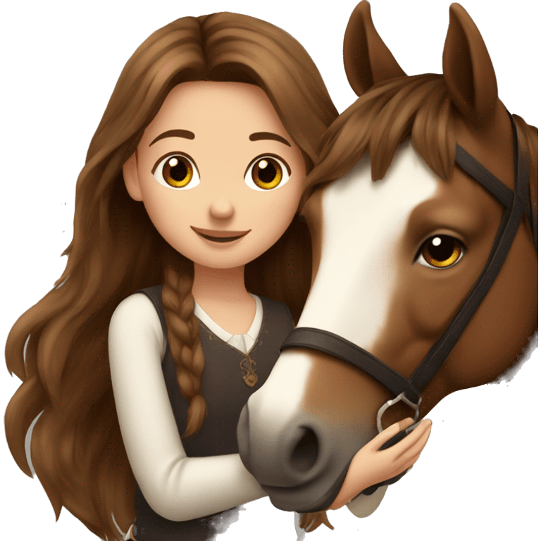 Beautiful Girl long brown hair hug her brown horse emoji