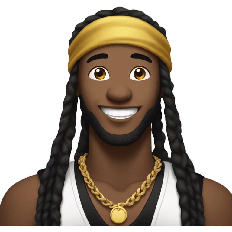 Kai Cenat with black dreadlocks with durag on and a big smile wearing black shirt and gold chain emoji