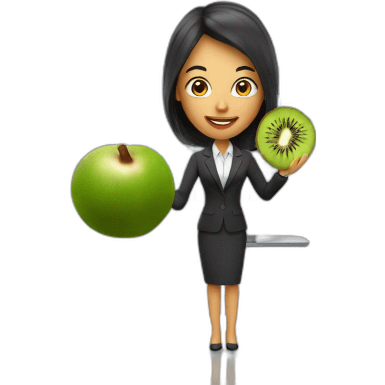 a woman in a suite, holding a kiwi, while giving a presentation emoji