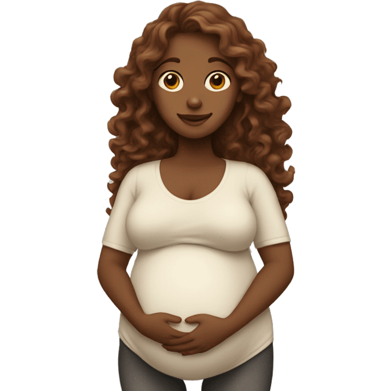 Pregnant white lady with long, brown, curly hair holding her belly emoji