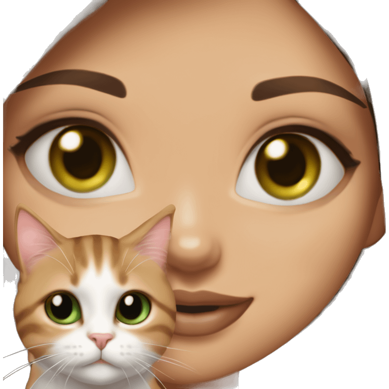 A girl with green eyes and dark brown straight hair, and makeup nude lipstick and eyelashes, slightly tanned, oval light pink fingernails, white top, holding a brown tabby cat with green eyes emoji