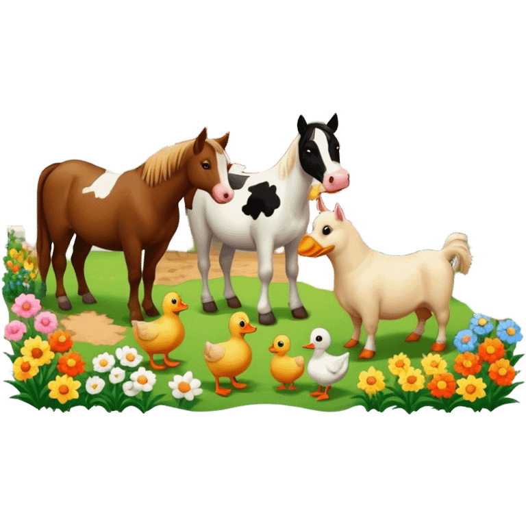 Farm horse duck a dog cow garden farmer chicken flowers emoji