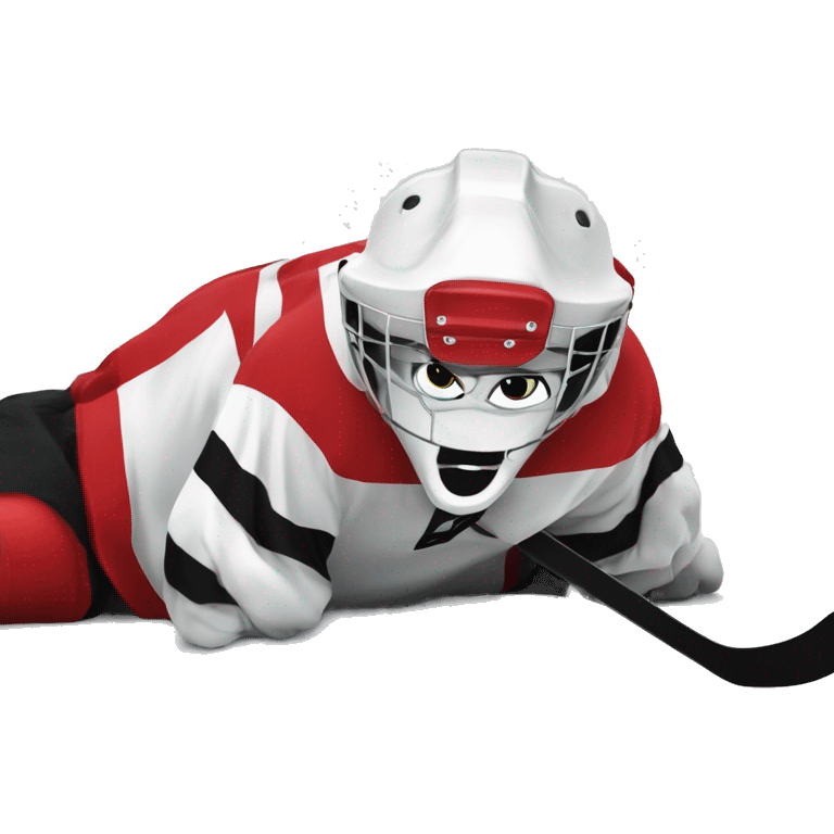 A wolf hockey player lies on the ice in a red white and black uniform A wolf hockey player lies on the ice in a red white and black uniform emoji