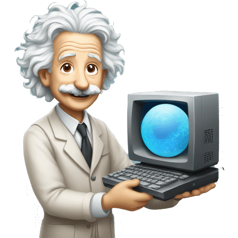 happy albert einstein holding computer in one hand emoji