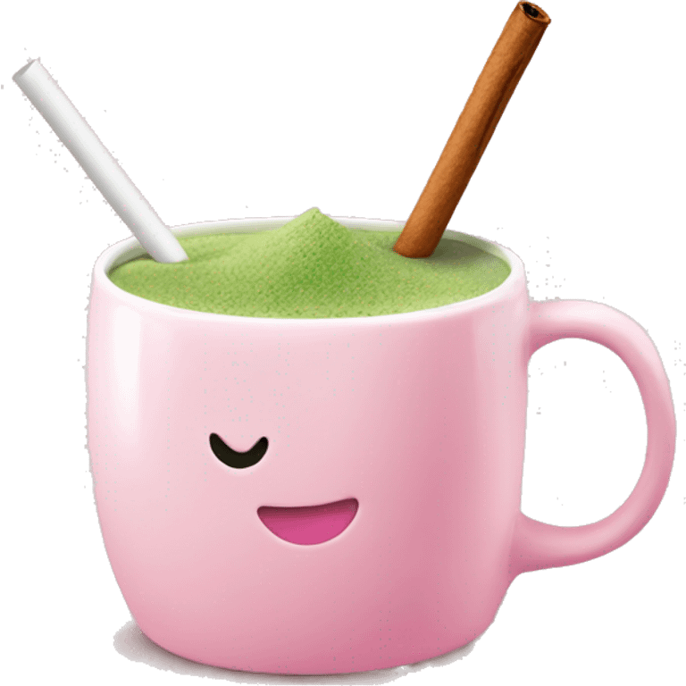 pink matcha in a white mug with cinnamon and a straw emoji