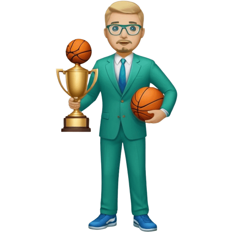 Full Body white fat male  wearing glasses with a goatee with dirty blond very short hair basketball head Coach in blue and green suit holding trophy emoji