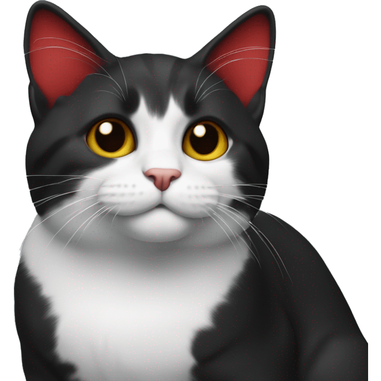 cat black with white chest and paws, using red colla emoji