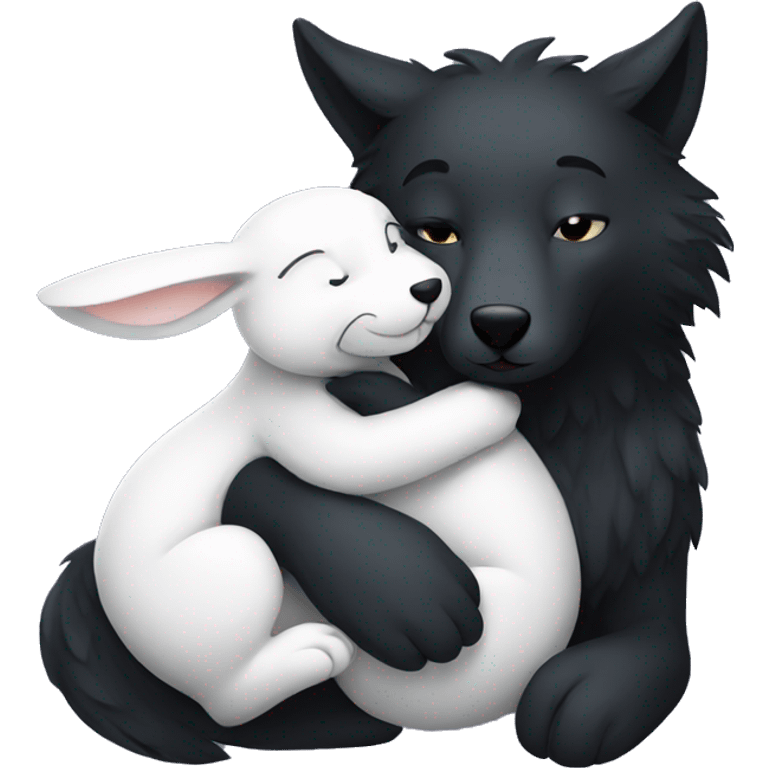 Big black wolf hugging a small white rabbit emoji