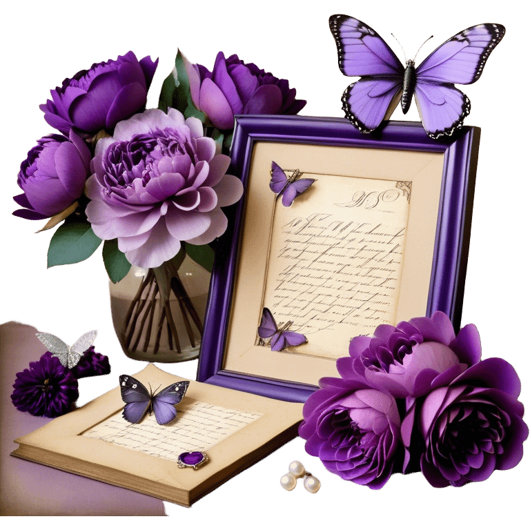 An antique love letter bundle, bound delicately with a purple silk ribbon, rests beside an arrangement of dried blush violet roses, lilac peonies, and soft purple dahlias, while a silver butterfly brooch adorned with pearls seems to pause, captivated by the deep violet inked calligraphy flowing across the aged parchment. emoji