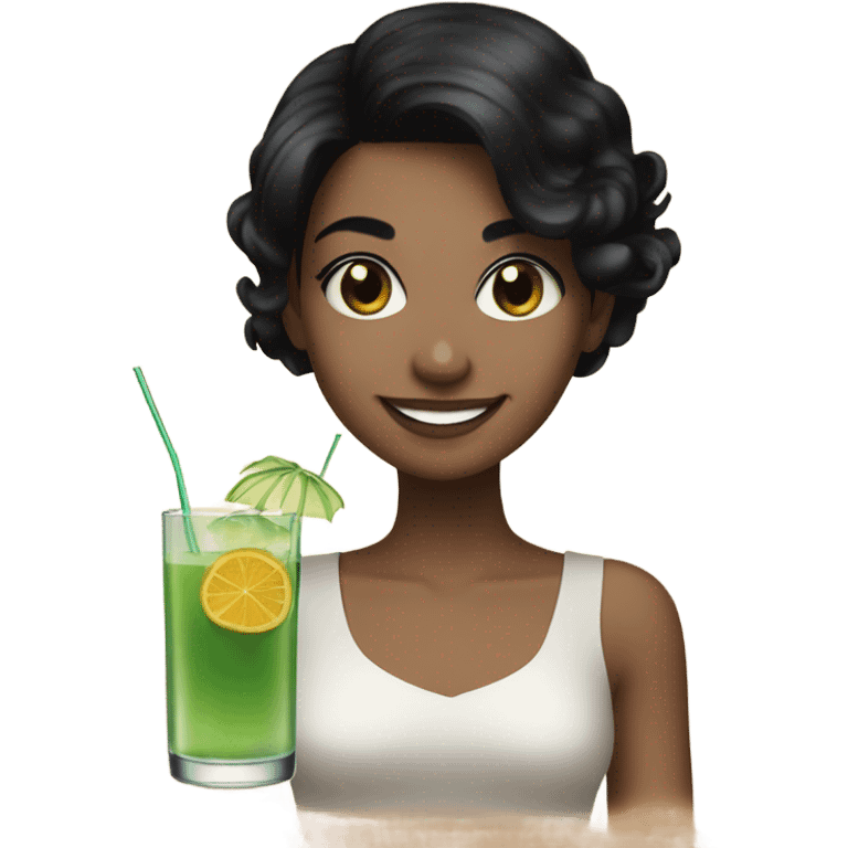 smiling girl with black hair drinking a cocktail emoji