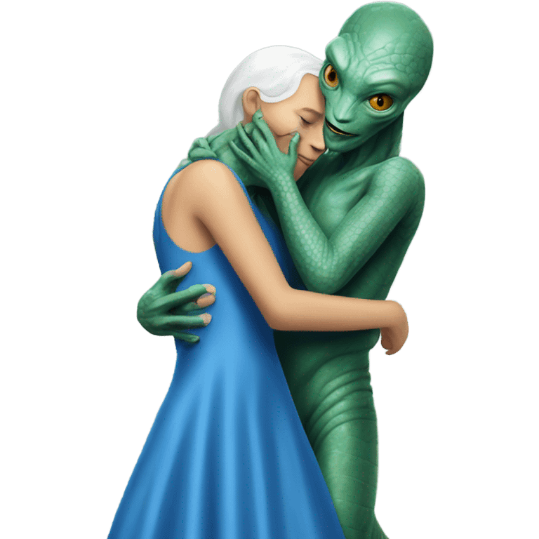 White man in blue dress  hugs and kissing Alien reptilian woman in silver dress  emoji