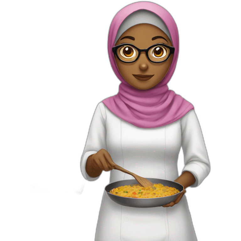 Girl wear hijab with brown skin and glasses wear while dress and she cooking  emoji