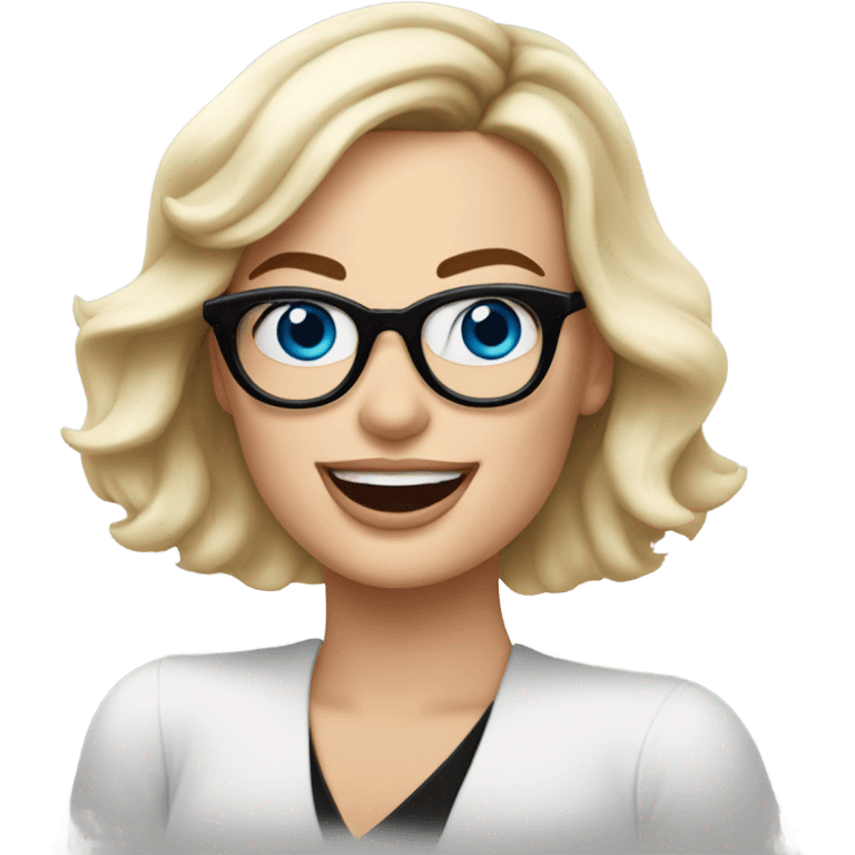 Real margot robbie,  bright blue eyes, wearing black glasses and waving hand emoji