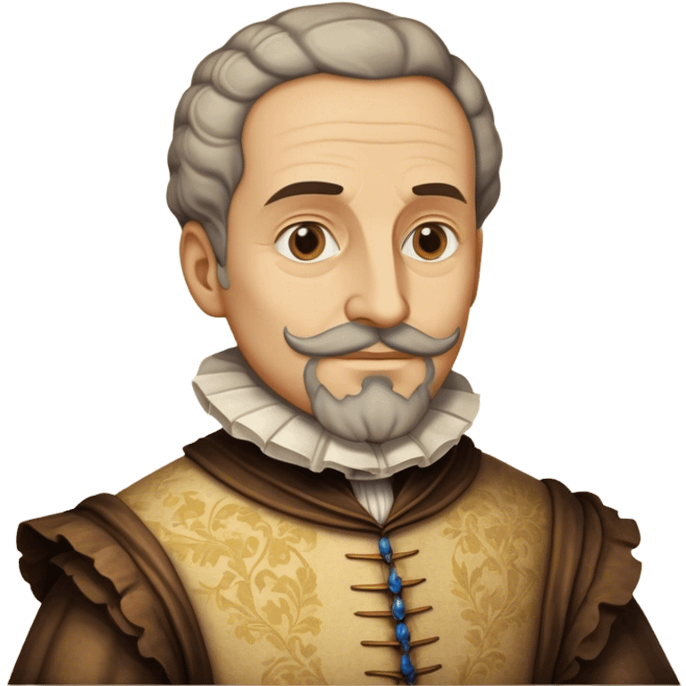 Cinematic Realistic Miguel de Cervantes Portrait Emoji, depicted as a wise thoughtful literary figure in period attire with a reflective gaze, rendered with detailed textures and soft historical lighting that captures his enduring literary legacy. emoji