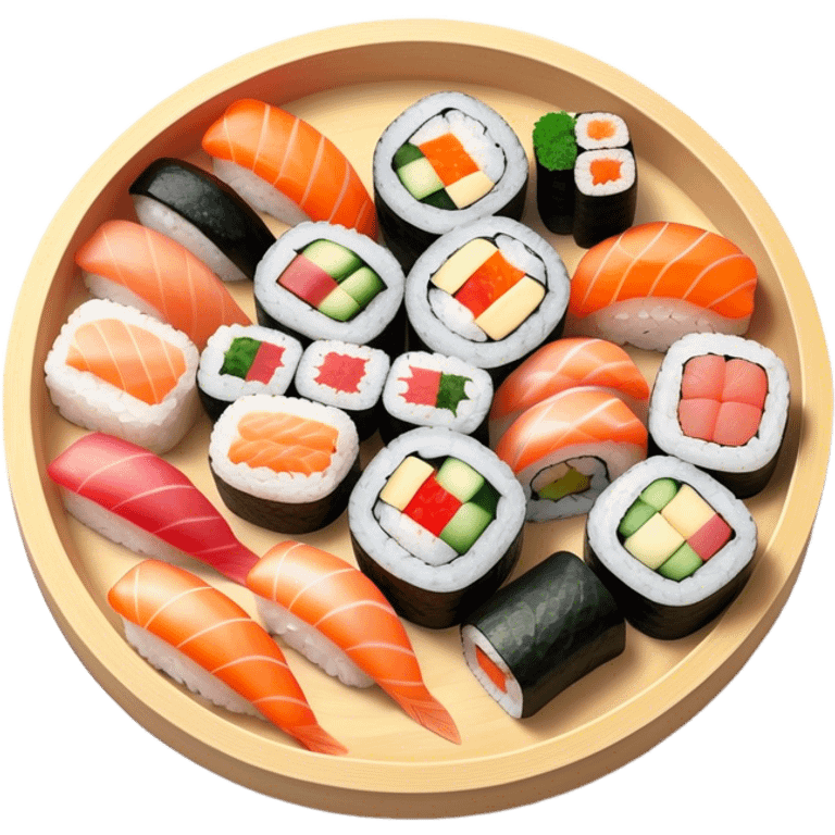 Cinematic Realistic Sushi Dish Emoji, depicted as an artful arrangement of fresh sushi with vibrant colors rendered with lifelike textures and delicate, natural lighting. emoji