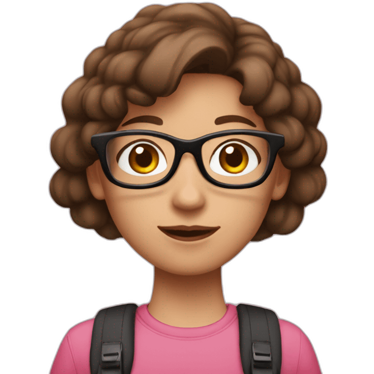 a girl with brown hair, wearing black-rimmed glasses, with a backpack, in a pink top emoji