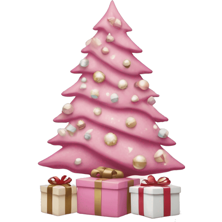 pink christmas tree with white and cream colored presents underneath emoji