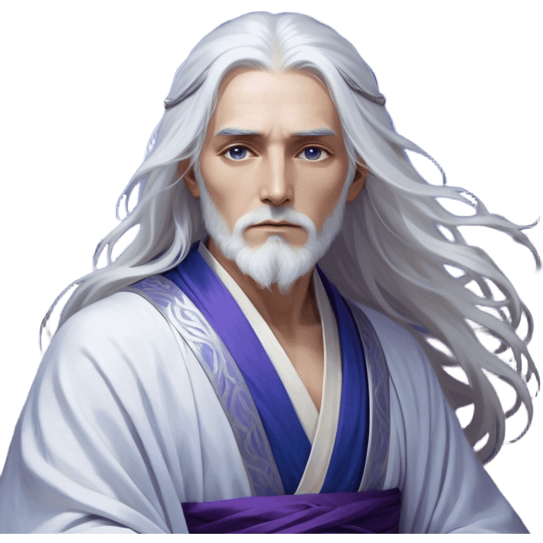 elegant Ionian artist with a mystical and refined appearance. He has long, flowing silver-white hair that cascades past his shoulders, framing his calm and contemplative face. His eyes glow with a soft, ethereal light, hinting at the vast arcane power he wields.

Draped in intricate, layered robes with deep blues and purples, his attire reflects both an artist's grace and a mage's authority. Golden embroidery and delicate patterns adorn his clothing, resembling the strokes of a masterful painting. His hands, often poised in artistic gestures, channel his magic like a painter bringing a canvas to life, each spell a work of art in motion. emoji